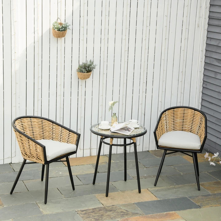 Outsunny 3 Piece Patio Set, Outdoor Bistro Furniture, PE Rattan Wicker Table and Chairs, Cushione... | SHEIN