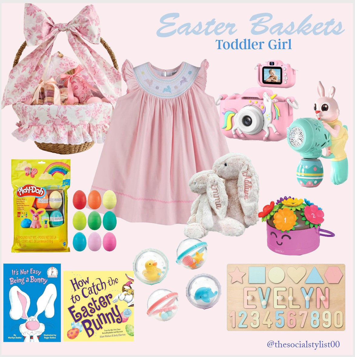 Easter Basket Ideas for Toddler Girl 

Easter basket, Easter gifts, Easter toys, kids, toddler, bunny toys, Easter dress 
 

#LTKKids #LTKGiftGuide #LTKBaby