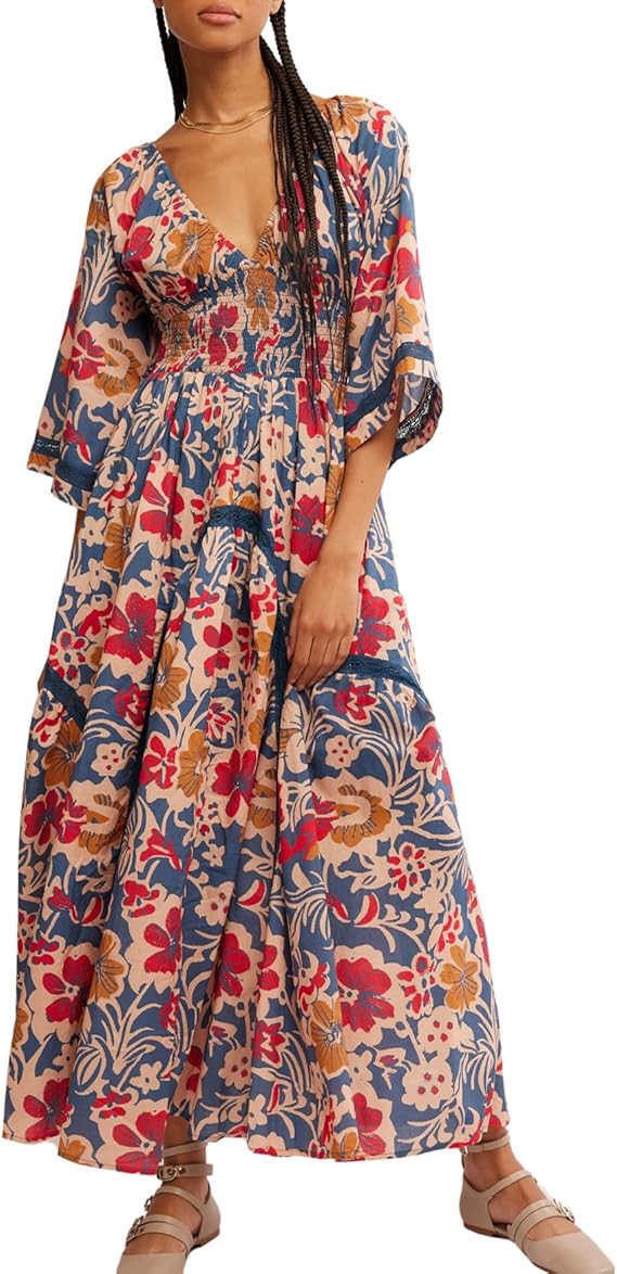 SCOFEEL Women's Printed Midi Dress Flare Sleeve V-Neck Smocked Waist A-Line Flowy Loose Long Dres... | Amazon (US)