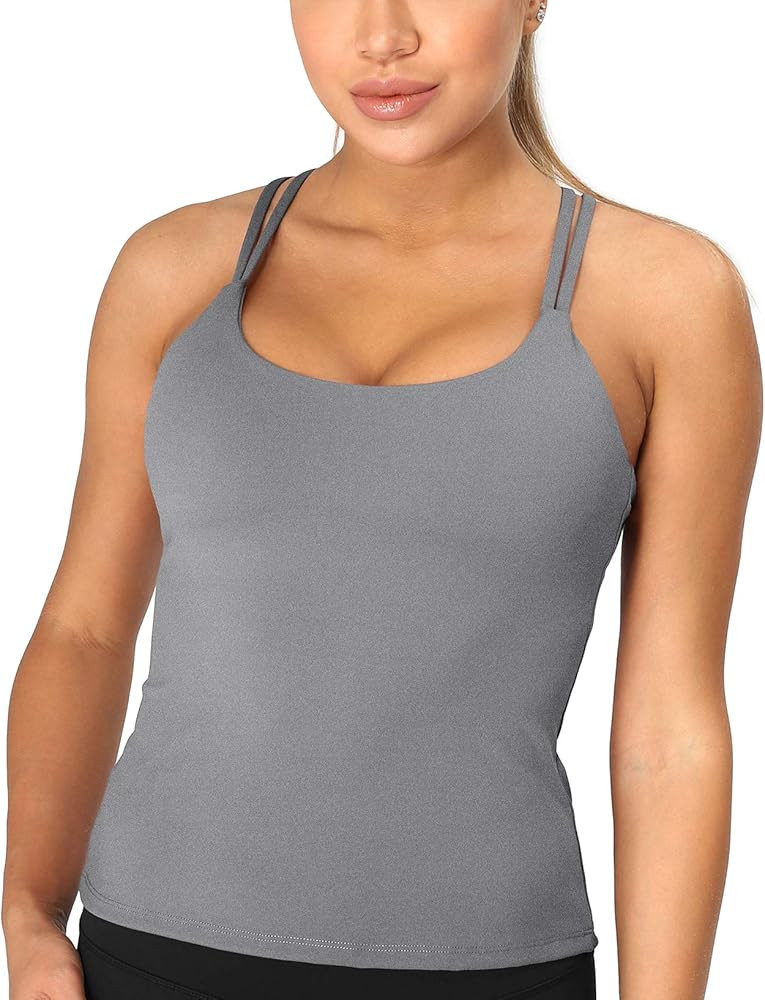 icyzone Padded Workout Tank Tops for Women - Strappy Yoga Crop Tops with Built in Bra 2 in 1 | Amazon (US)