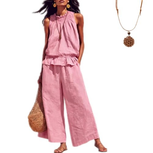 Linen Sets for Women 2 Piece Sleeveless Ruffle Top Wide Leg Pants Matching Lounge Set,Summer Lounge Boho Beach Travel Sets (Pink, L) | Amazon (US)
