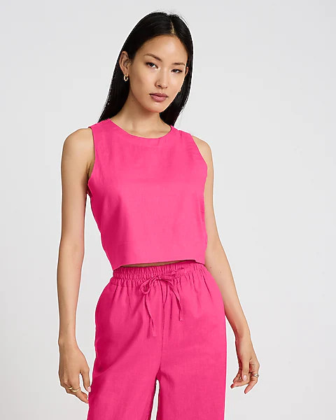 Linen-blend Crew Neck Button Back Tank | Express