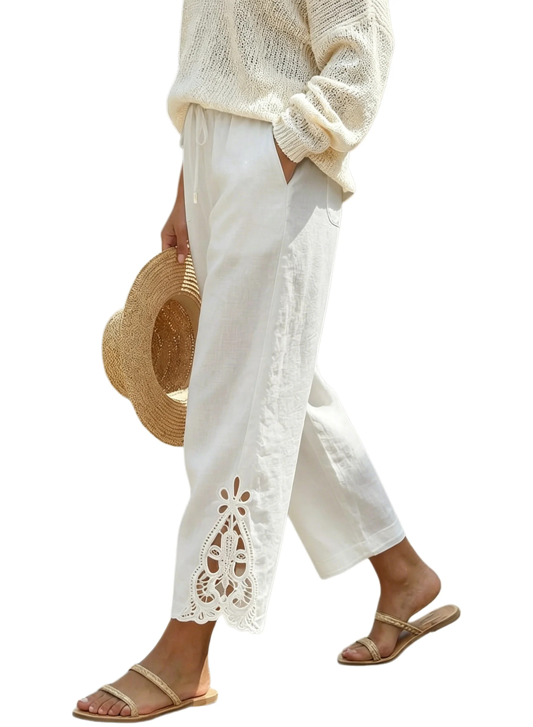 DOKOTOO Linen Cotton Pants Women Casual Lightweight Drawstring Pants Elastic Waist Pants with Poc... | Walmart (US)