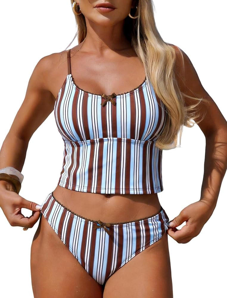 ZAFUL Womens Tankini Swimsuits Tummy Control High Cut Bow Decor Bathing Suits Two Piece Bikini Se... | Amazon (US)