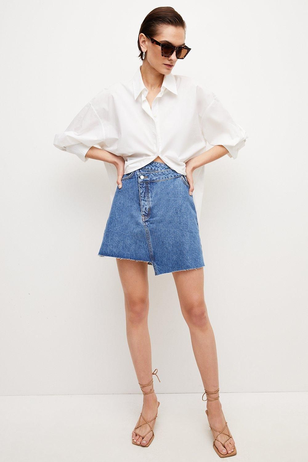 Asymmetric Denim Mini Skirt | Karen Millen US