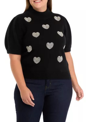 ENGLISH FACTORY Women's Plus Size Beaded Heart Puff Sleeve Sweater, Black, 1X | Belk