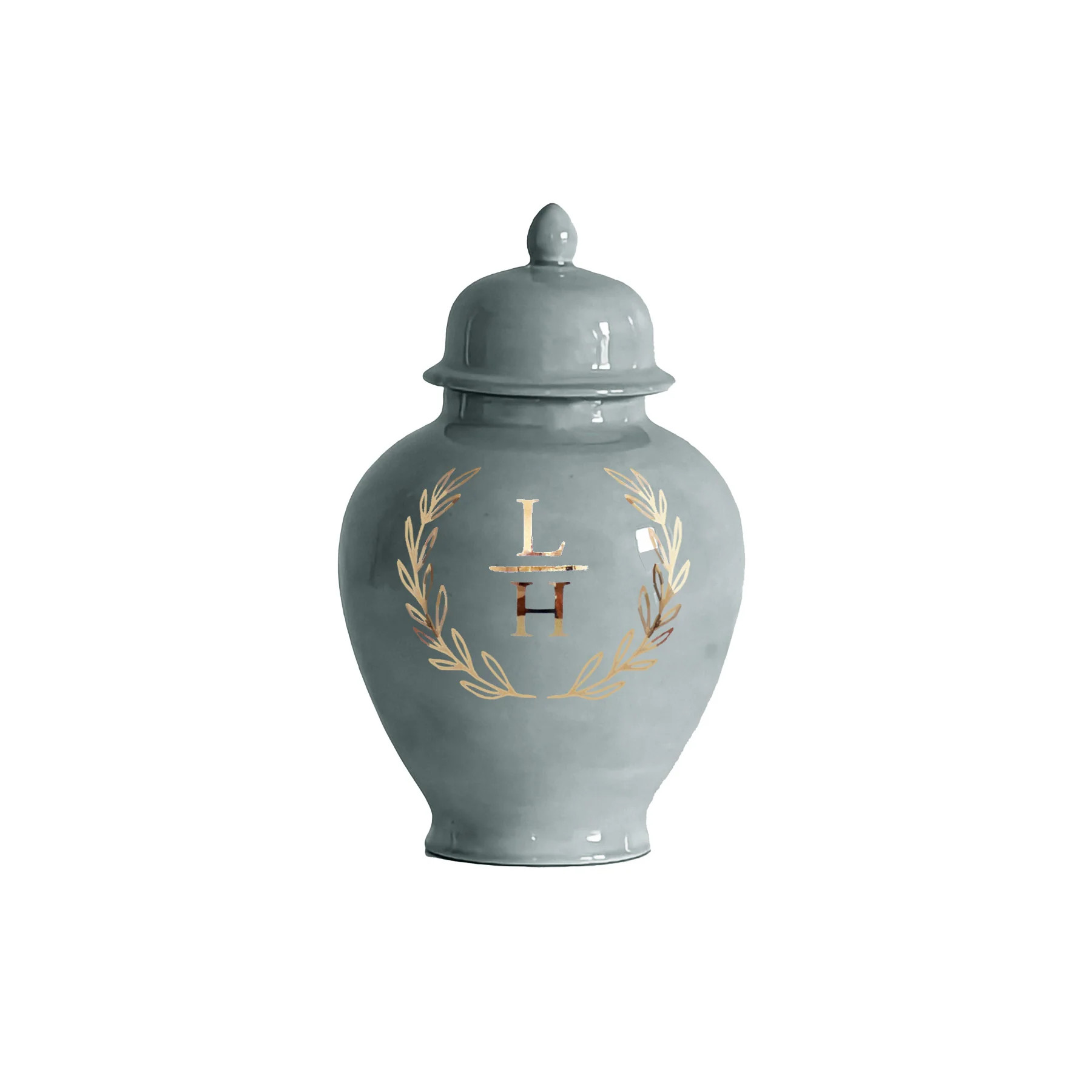 Laurel Wreath Monogram Ginger Jars in Lamb's Ear Blue | Ruby Clay Company