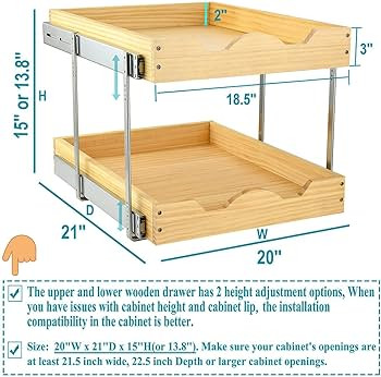 OCG 2 Tier Pull Out Cabinet Organizer (20" W x 21" D), Heavy-Duty Slide out Wood Drawer Shelf, Pu... | Amazon (US)