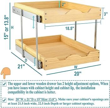 OCG 2 Tier Pull Out Cabinet Organizer (20" W x 21" D), Heavy-Duty Slide out Wood Drawer Shelf, Pu... | Amazon (US)