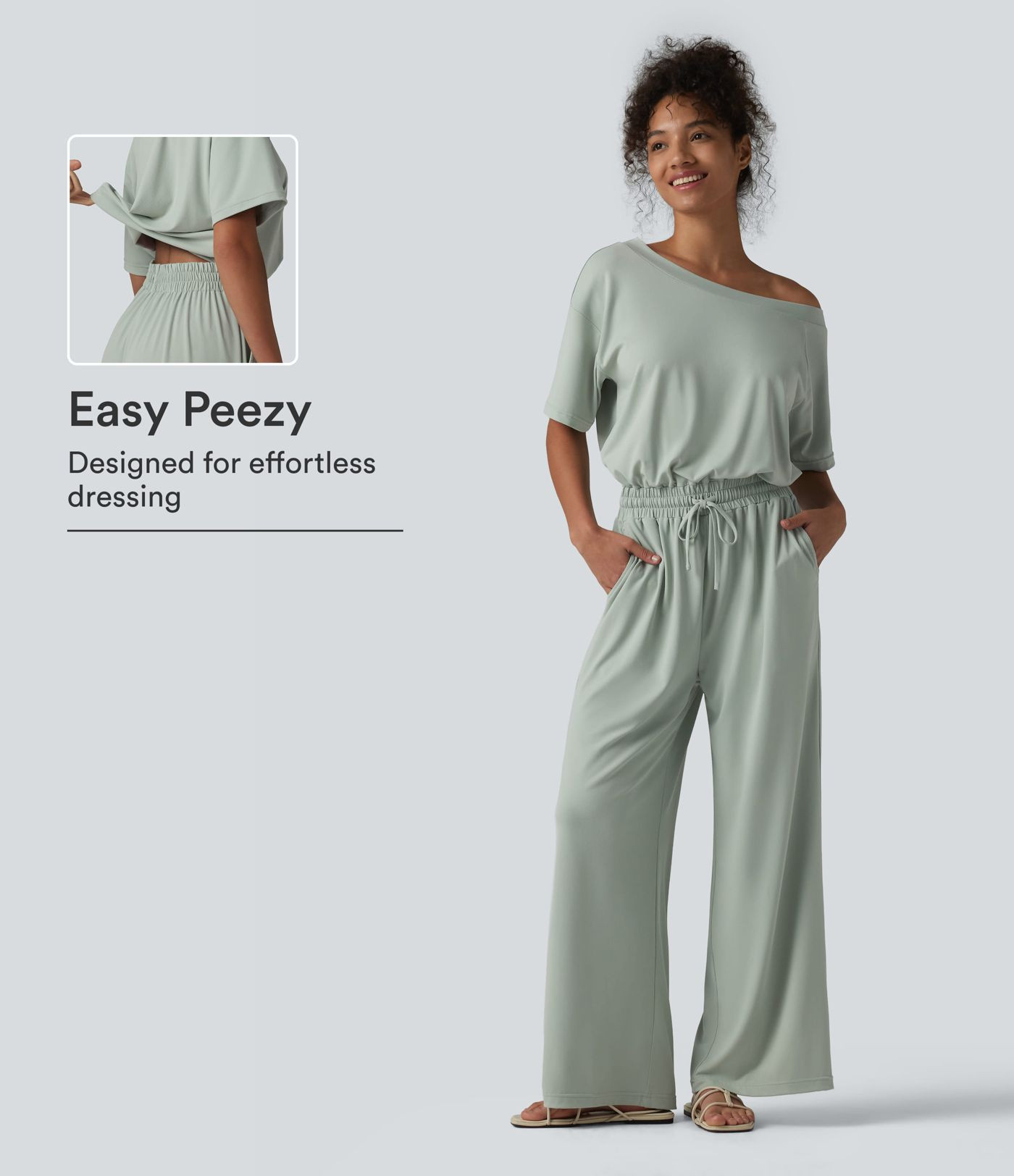 Boat Neck Short Sleeve Drawstring Baggy Casual Jumpsuit with Pockets-Easy Peezy Edition | HALARA