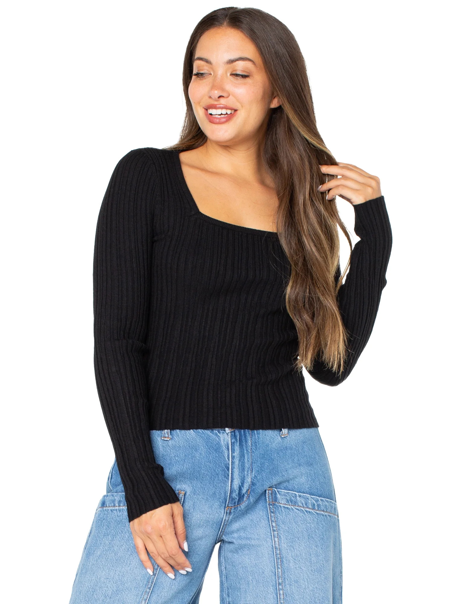 Celebrity Pink Women's Square Neck Ribbed Long Sleeve Top, Sizes XS-XXXL - Walmart.com | Walmart (US)