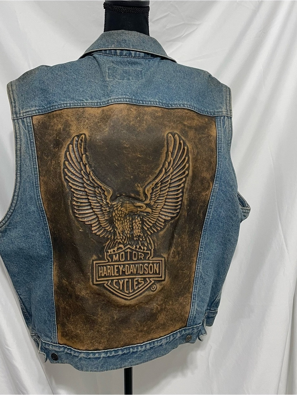 Harley-Davidson Blue Denim Vest with Brown Leather Eagle Back size L. Distressed | Poshmark