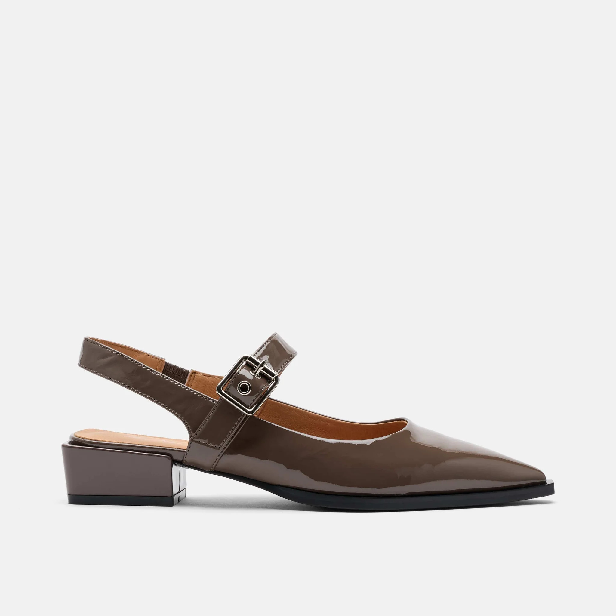 Chelsea Taupe Patent Leather Slingback Block Heels | Marc Nolan