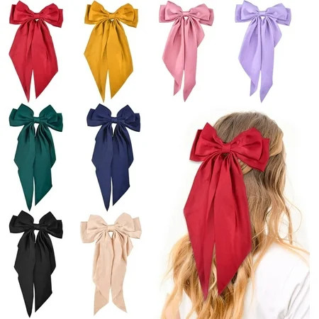 Big Hair Bows for Women 8Pcs Big Hair Ribbon with Long Tail Long Silky Satin Hair Clip for Girls Colorful French Style Barrettes Large Hair Accessories Cute Gifts for Little Girl Womens | Walmart (US)