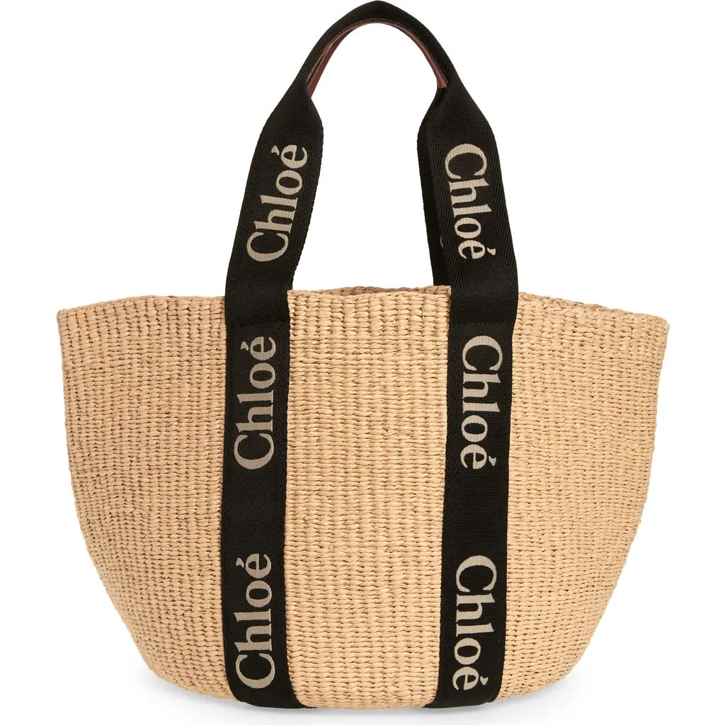 Chloé Large Woody Straw Basket Tote in Black-Beige 1 at Nordstrom | Nordstrom