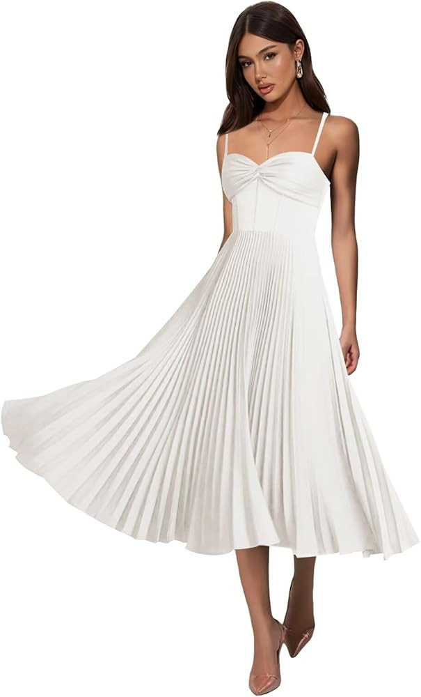Amazon.com: Sougoue Tea Length A Line Bridesmaid Dresses Satin Pleated Ivory Sleeveless Wedding G... | Amazon (US)