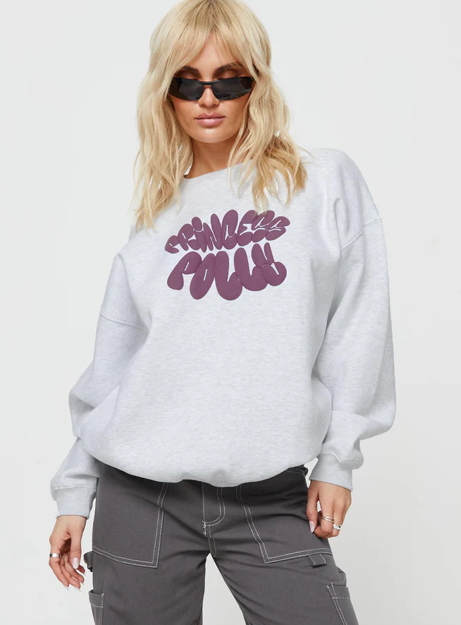 Princess Polly Crew Neck Sweatshirt Bubble Text Grey Marle / Burgundy | Princess Polly US