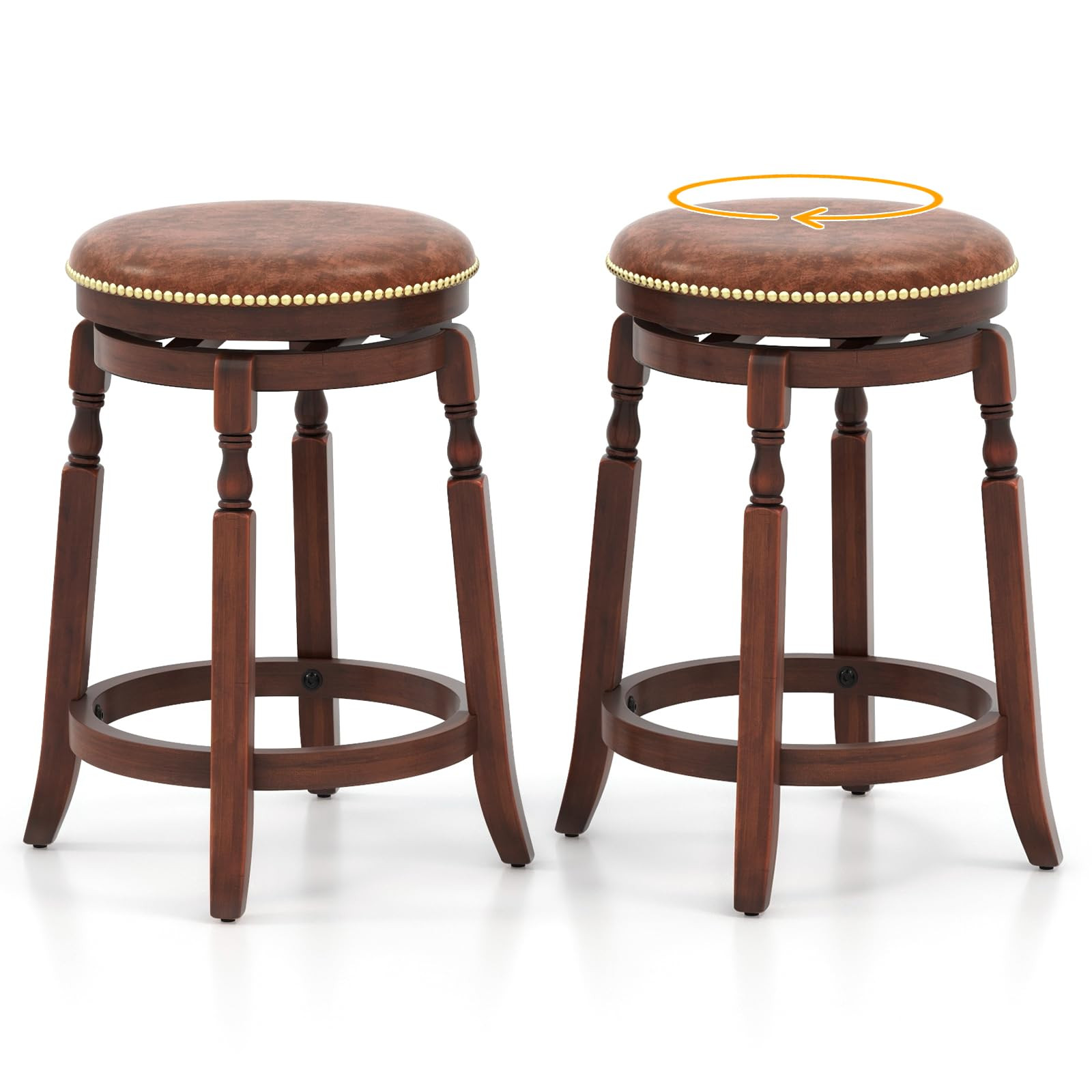 COSTWAY Round Swivel Wooden Bar Stools Set of 2, 24-inch Upholstered Backless PU Leather Farmhous... | Amazon (US)