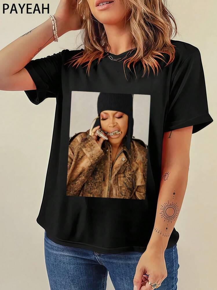 Payeah Women's 220g Heavy Cotton Casual Tee  Erykah Badu 2024 100% Cotton Digital Print T Shirt(1... | SHEIN