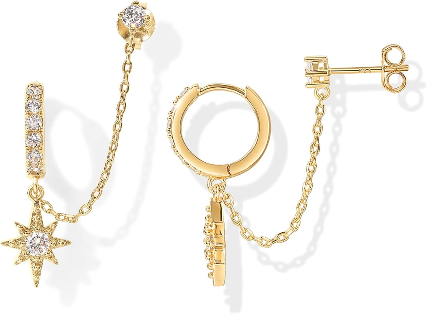 PAVOI 14K Gold Chain Earrings for Women | Double Piercing Dangle Chain Huggie Hoop Earrings | Cub... | Amazon (US)