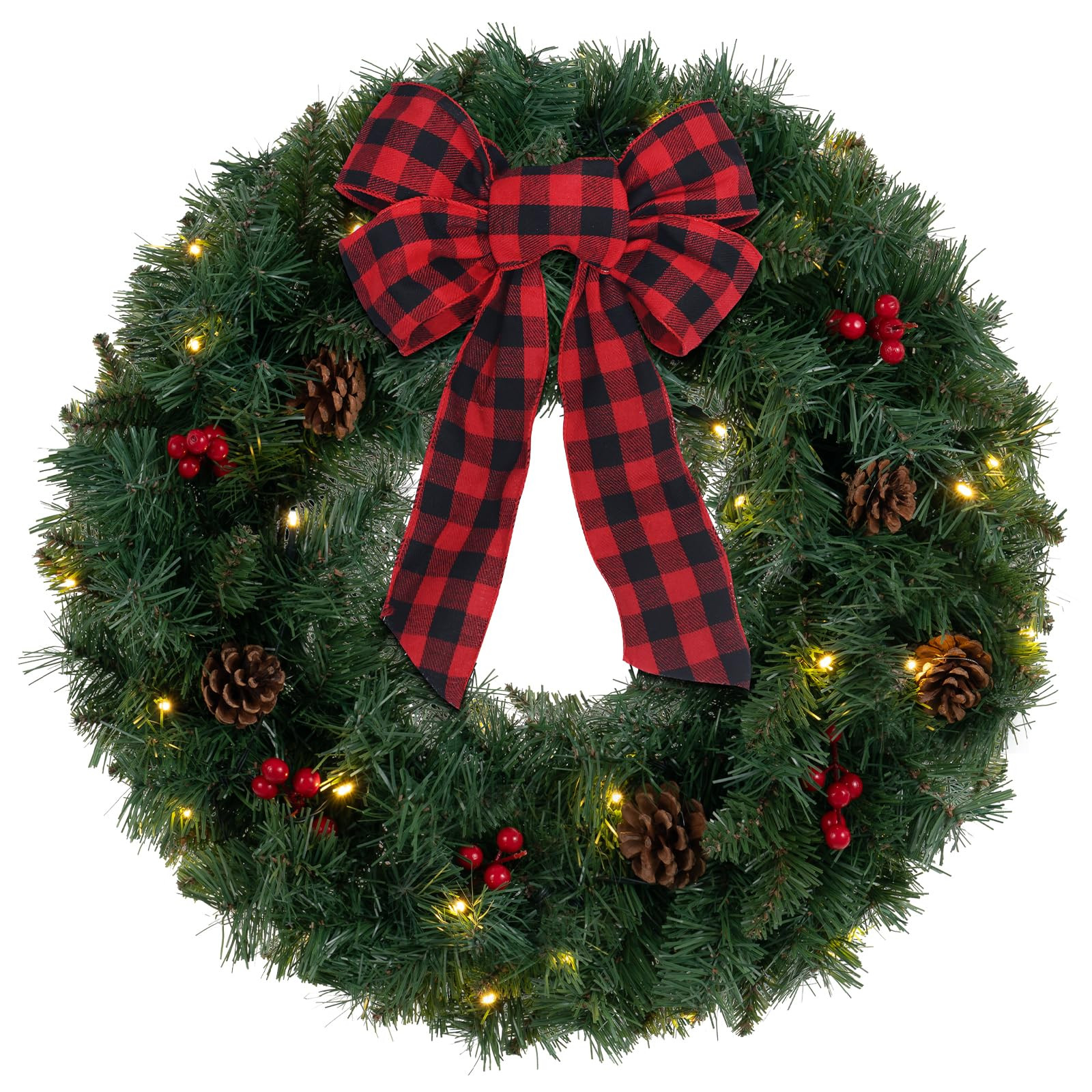 24 Inch 2FT Christmas Wreath, 30 LED Lights Christmas Wreaths for Front Door with Bow Red Berries... | Amazon (US)
