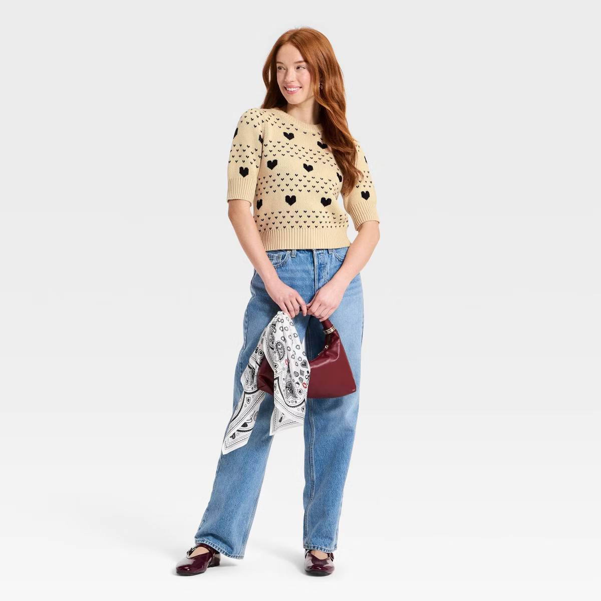 Women's Elbow Sleeve Valentine's Day Hearts Crewneck Pullover Sweater - Universal Thread™ | Target