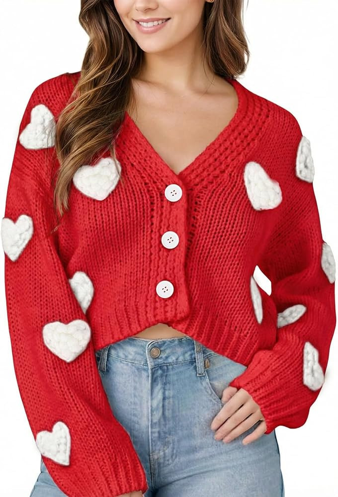 Women Valentines Day Cropped Cardigan Sweaters Love Heart Printed Open Front Button Down Knit Swe... | Amazon (US)