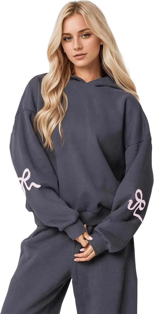 OLAPTA Women Oversized Bow Trim Print Hoodies Long Sleeve Fleeced Casual Graphic Pullover Trendy ... | Amazon (US)