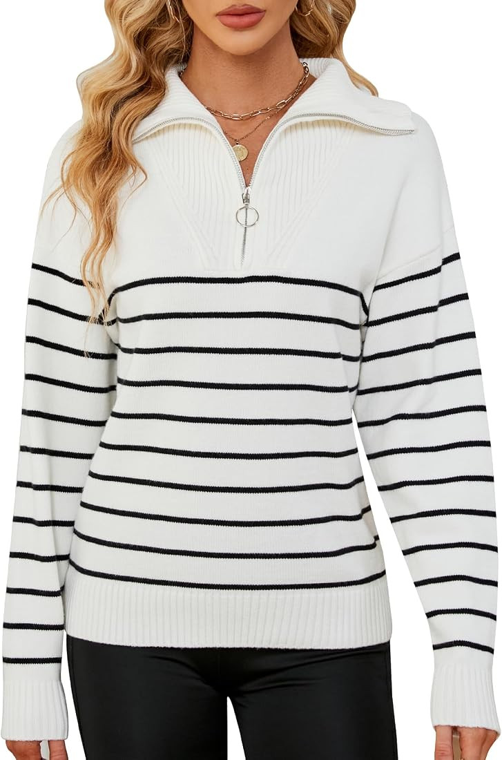 LOMON Women Half Zipper Pullover Sweater Oversized Lapel Collar Ribbed Knit Slouchy Jumper Tops | Amazon (US)