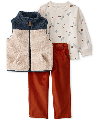 Toddler Boys Faux-Sherpa Vest, Printed T-Shirt & Corduroy Pants, 3 Piece Set | Macy's