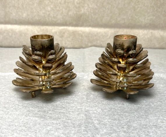 Pair of Vintage Silver Pinecone Candle Holders - Etsy | Etsy (US)
