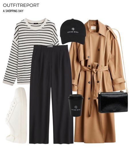Black trousers outfit with trench coat jacket striped top shirt white sneakers trainers Anna bing hat 

#LTKshoecrush #LTKitbag #LTKeurope