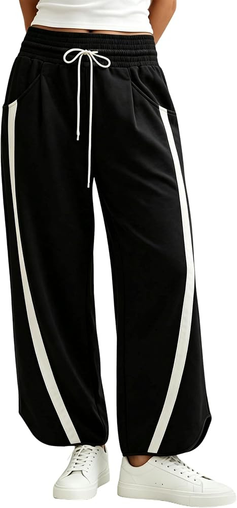 Bankeng Women's Casual Sweatpants Elastic Waisted Contrast Color Drawstring Athletic Wide Leg Pan... | Amazon (US)