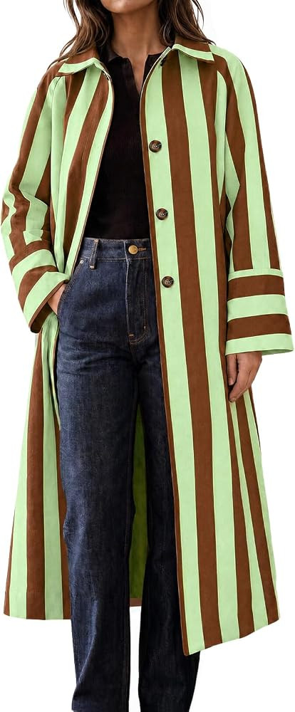 Cicy Bell Womens Striped Long Trench Coats Oversized Single Breasted Coats | Amazon (US)