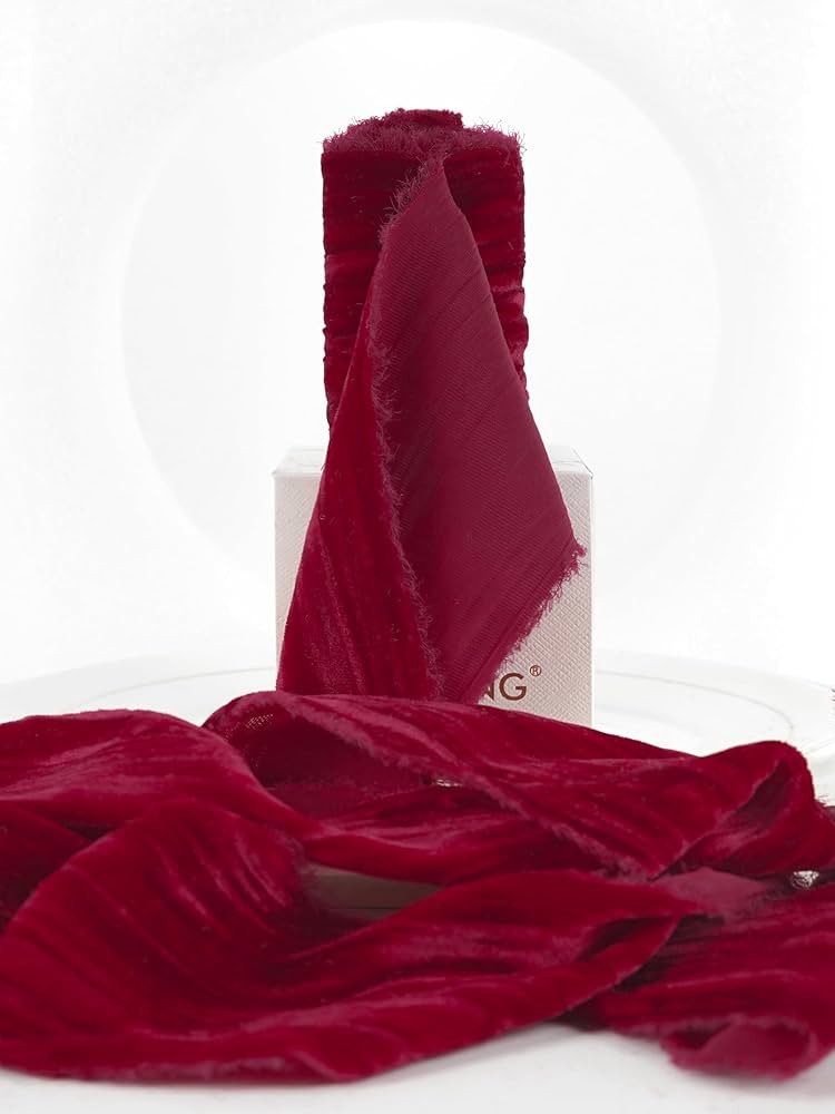 HUIHUANG Red Velvet Ribbon 3 inch with Frayed Fringe, Red Christmas Velvet Ribbon Crinkled Raw Ed... | Amazon (US)