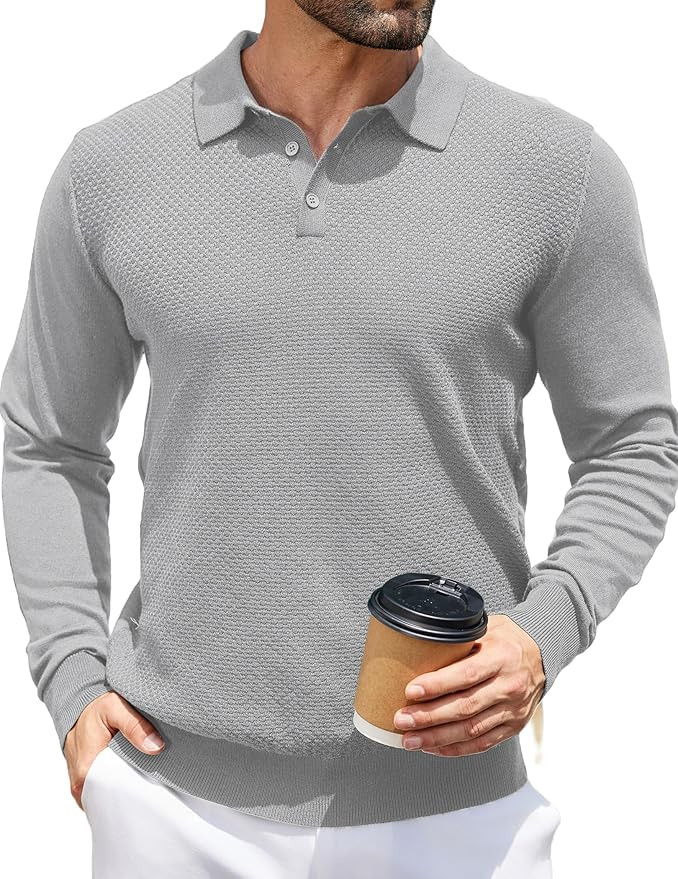 COOFANDY Men's Knit Polo Sweater Long Sleeve Casual Collared Quarter Button Golf Waffle Textured ... | Amazon (US)
