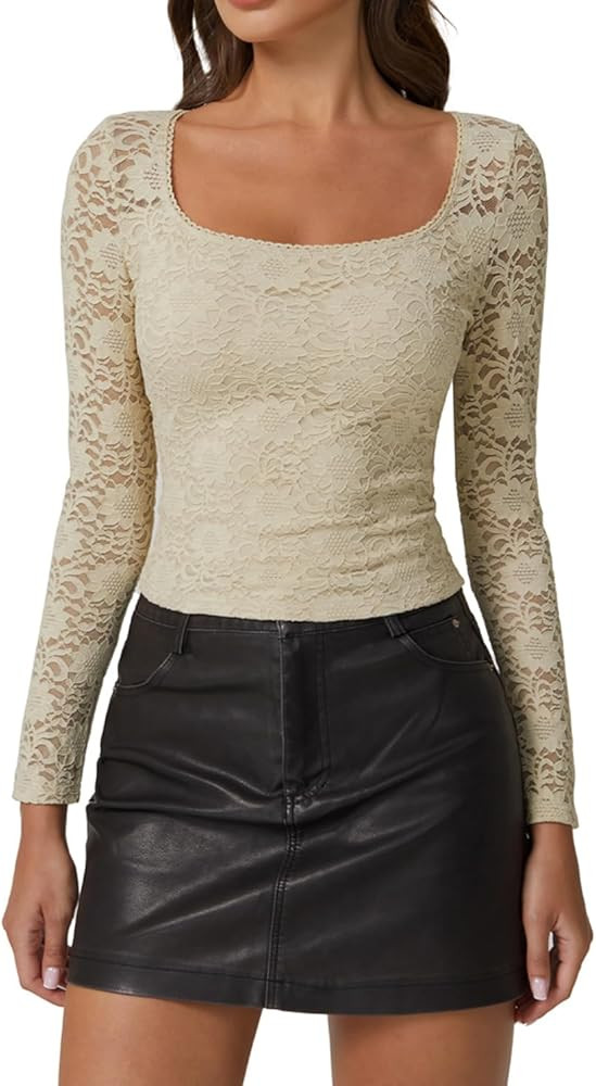 QINSEN Chic Floral Lace Crop Tops for Women Slim Fit Long Sleeve Square Neck Crop Tops Basic Goin... | Amazon (US)