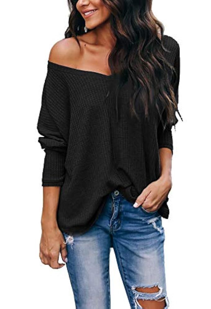 iGENJUN Women's Casual V-Neck Off-Shoulder Batwing Sleeve Pullover Sweater Tops | Amazon (US)