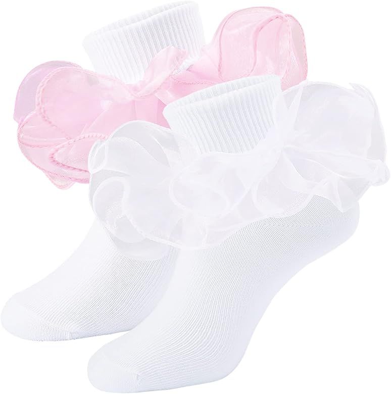 Mini angel Girls Ruffle Socks Double Lace Frilly Dress Socks Kids Turn Cuff Socks for Toddler Lit... | Amazon (US)