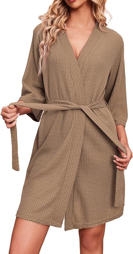 Ekouaer Robes for Women Waffle Knit Bathrobe Soft Lightweight Knee Length Loungewear S-XXL | Amazon (US)