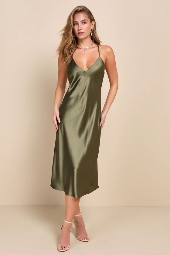 Exquisitely Chic Olive Green Satin Backless Slip Midi Dress | Lulus