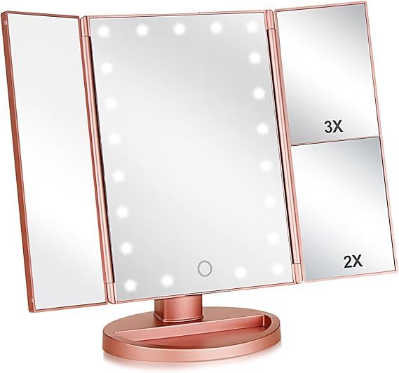 Flymiro Tri-fold Lighted Vanity Makeup Mirror with 3x/2x Magnification,21 LEDs Light and Touch Sc... | Amazon (US)