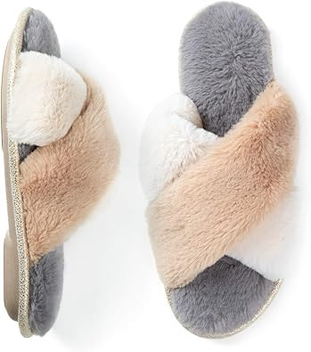 ZIZOR Women's Fuzzy Crossed Memory Foam Open Toe Slippers, Ladies Fluffy Rhinestone Embellished S... | Amazon (US)