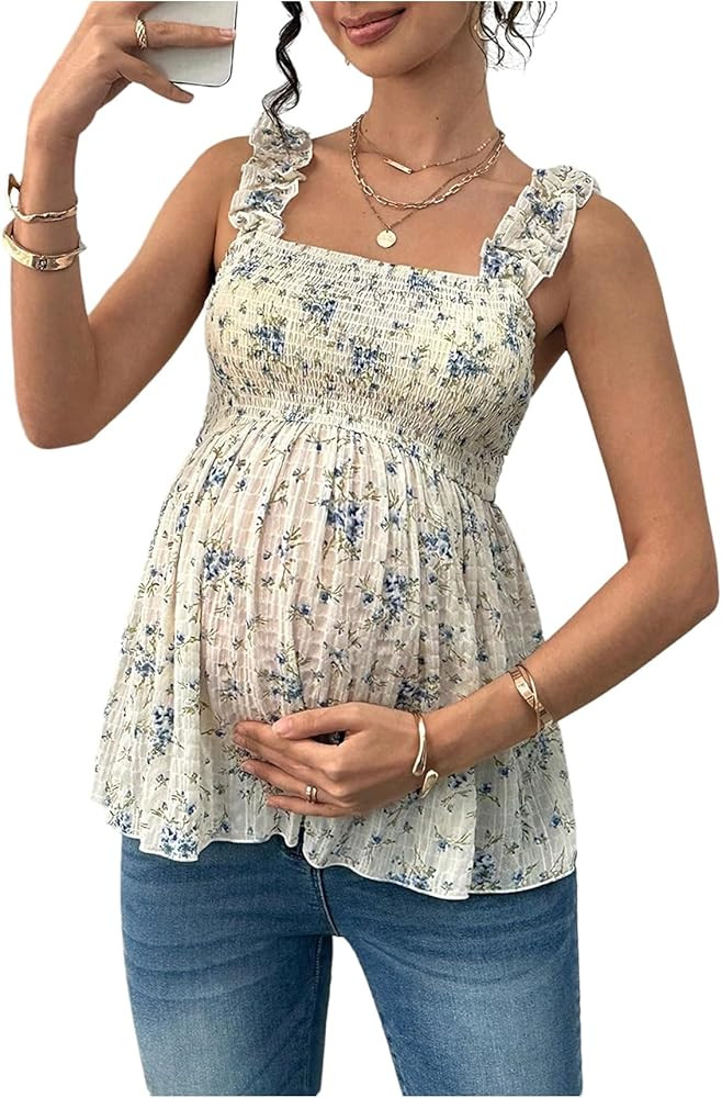 SweatyRocks Women's Maternity Tank Tops Floral Babydoll Top Square Neck Smocked Peplum Blouse Shi... | Amazon (US)