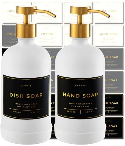 Verute 16oz Glass Soap Dispenser with Stainless Steel Pump, 21 Waterproof Labels, Non-Slip Protective Silicone Pad, Set of 2 for Bathroom & Kitchen (Matte White Bottle/Brushed Gold Pump) | Amazon (US)