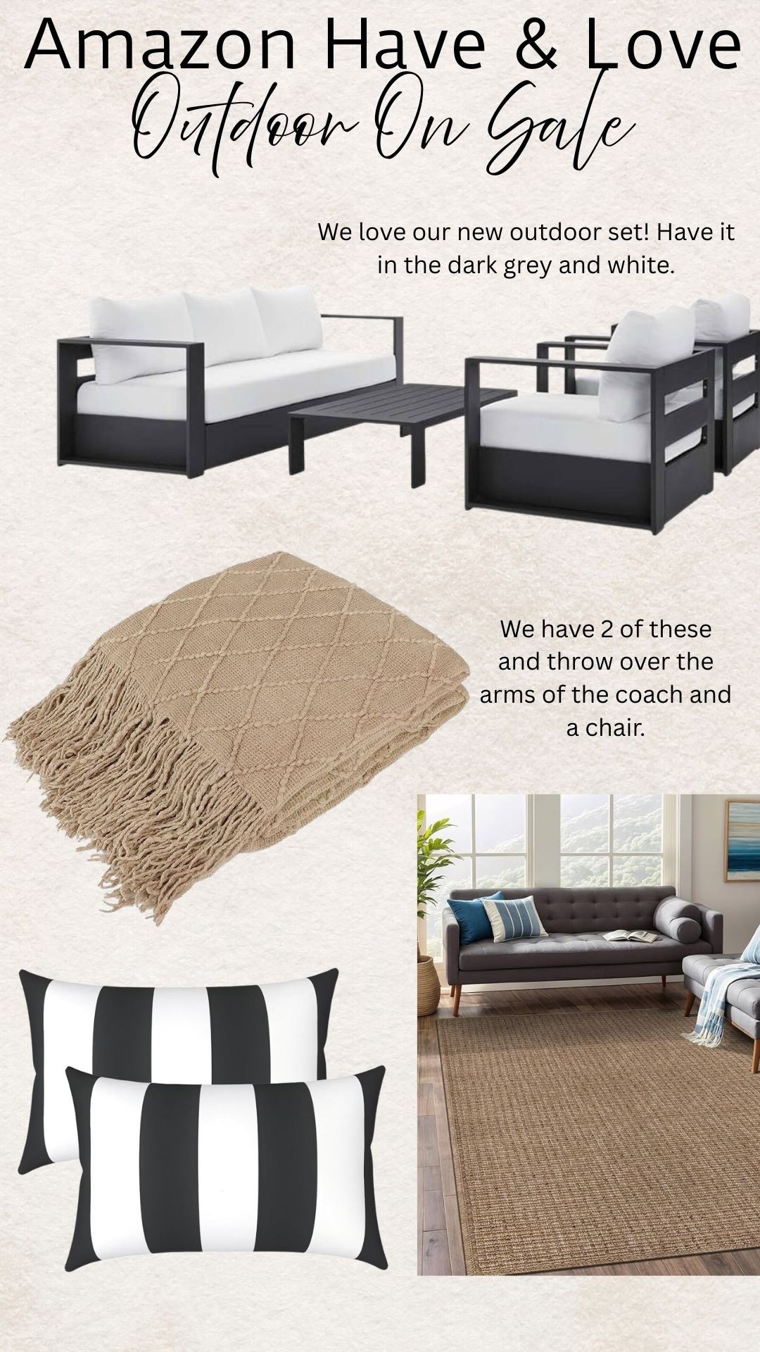 Our outdoor furniture set is on sale! We’ve had this for a few months and have been loving it. We added the striped pillows to the couch, and 2 of the blankets to throw over the arms. The rug is the perfect neutral so the furniture is the focus.

Gift guide, house gifts, home gifts, gift idea, new home, outdoor gift idea

#LTKGiftGuide #LTKCyberWeek #LTKSaleAlert
