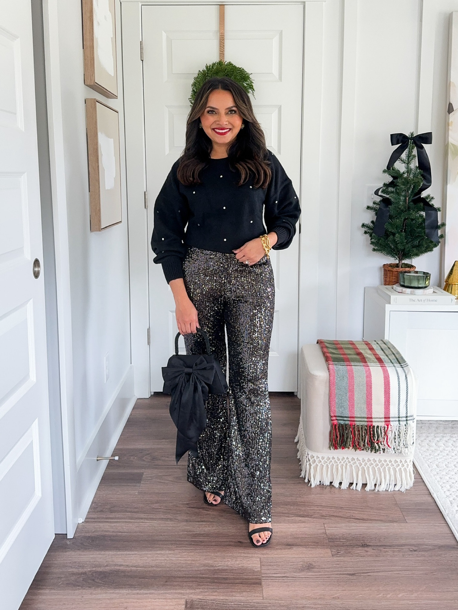 Black rhinestone sweater size XS TTS 
Black sequin flare plants size XS Petite TTS 
Black heels size 5 TTS

Red lipstick shade 21 Rouge Paradox

Holiday Outfits 
Holiday style 
Christmas outfit 
Holiday party
Christmas style 
Christmas party 

Honey Sweet Petite 
Honey sweet petite 

#LTKStyleTip #LTKHoliday #LTKParties