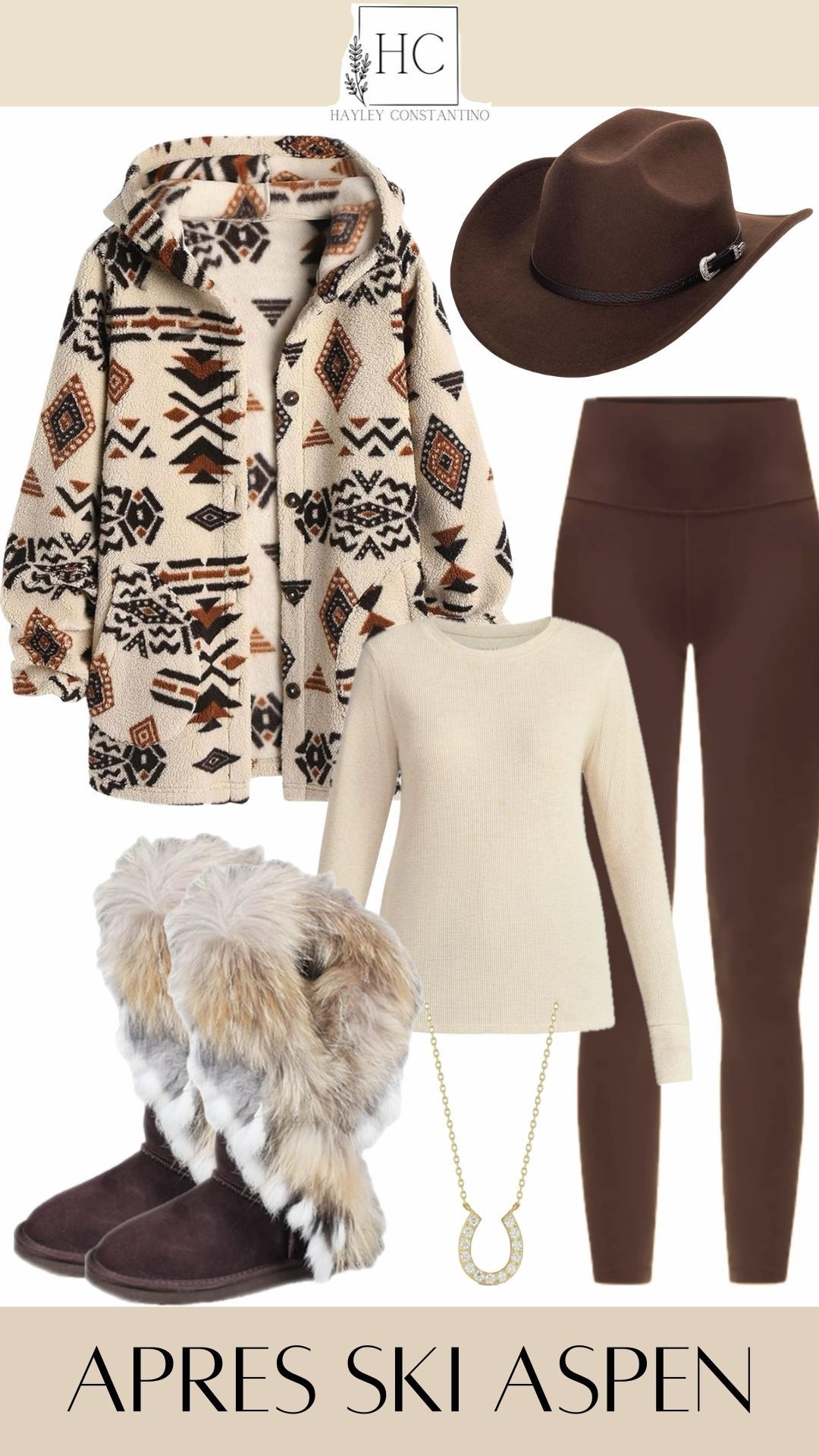 This après-ski outfit blends warm Western influences with cozy mountain luxury, creating a look that feels right at home in a chic ski-town lodge.  A stylish, rustic-meets-luxury ensemble perfect for après-ski drinks, strolling through snowy streets, or lounging fireside. It mixes earthy tones, soft textures, and a hint of Western flair—very Aspen-appropriate. 

✨ Sherpa Jacket
A cream, fleece-textured sherpa jacket with bold Southwestern/Navajo-inspired geometric patterns. Warm, cozy, and visually striking—this is the standout piece.
🤎 Western Felt Hat
A chocolate-brown Western-style hat, adding that signature Aspen ranch-luxury touch.
The subtle buckle detail elevates it without feeling flashy.
🤎 Chocolate Brown Leggings
Sleek, high-waisted leggings in a deep brown tone. Comfortable, warm, and balancing the patterned jacket with a clean silhouette.
✨ Cream thermal long sleeve tee. Cozy and minimal, tying together the jacket’s tones while keeping the outfit refined.
✨ Fur-Trimmed Snow Boots
Plush, fur-lined winter boots in a deep brown base with voluminous multitone faux-fur shafts. Very “mountain luxe,” adding warmth and visual texture.
✨ Gold Horseshoe Necklace
A delicate gold necklace with a horseshoe pendant, adding a subtle sparkle and a nod to Western influence.

This outfit is Aspen Apres-Ski Western Chic:
✔ Cozy textures
✔ Earthy neutrals
✔ Western accents
✔ Luxe, functional winter boots
✔ A blend of comfort + elevated style

#LTKTravel #LTKootd #LTKCyberWeek