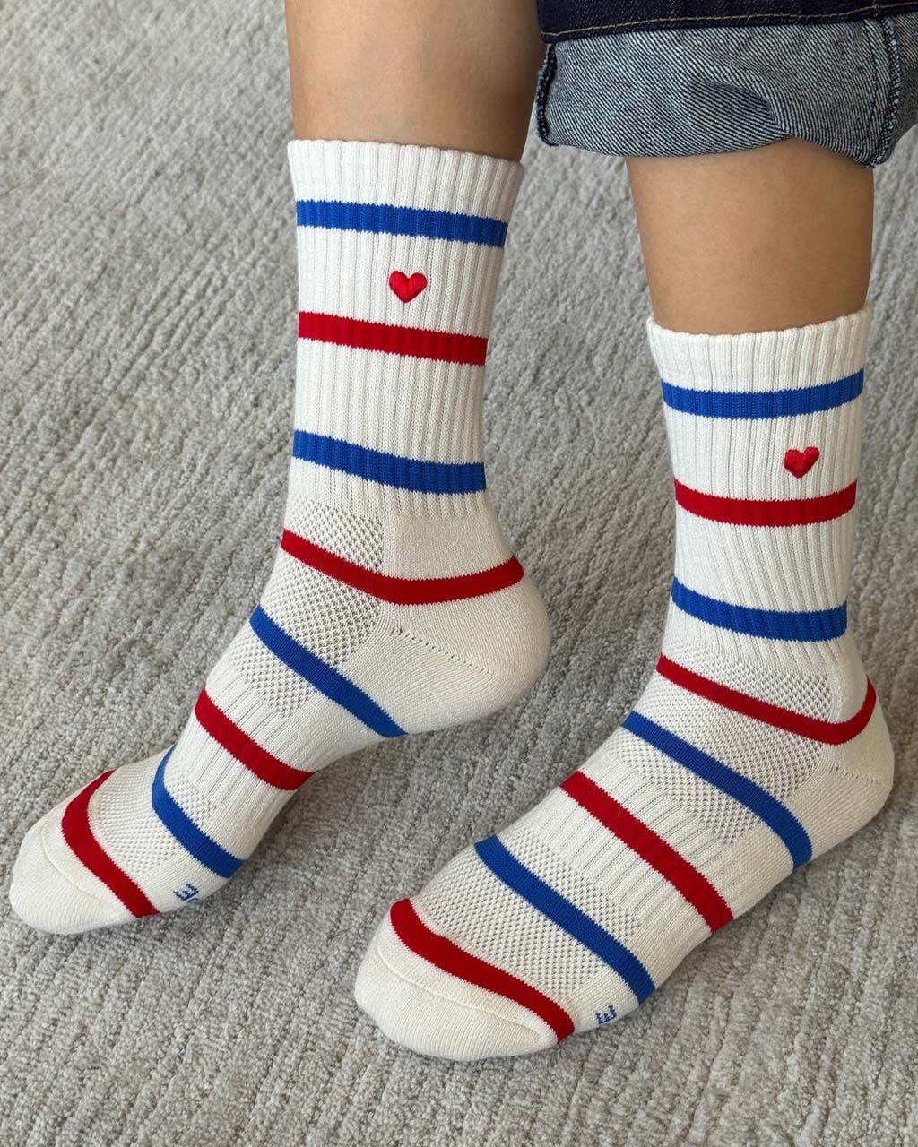 Embroidered Striped Boyfriend Socks - Red, Blue + Heart | ban.do