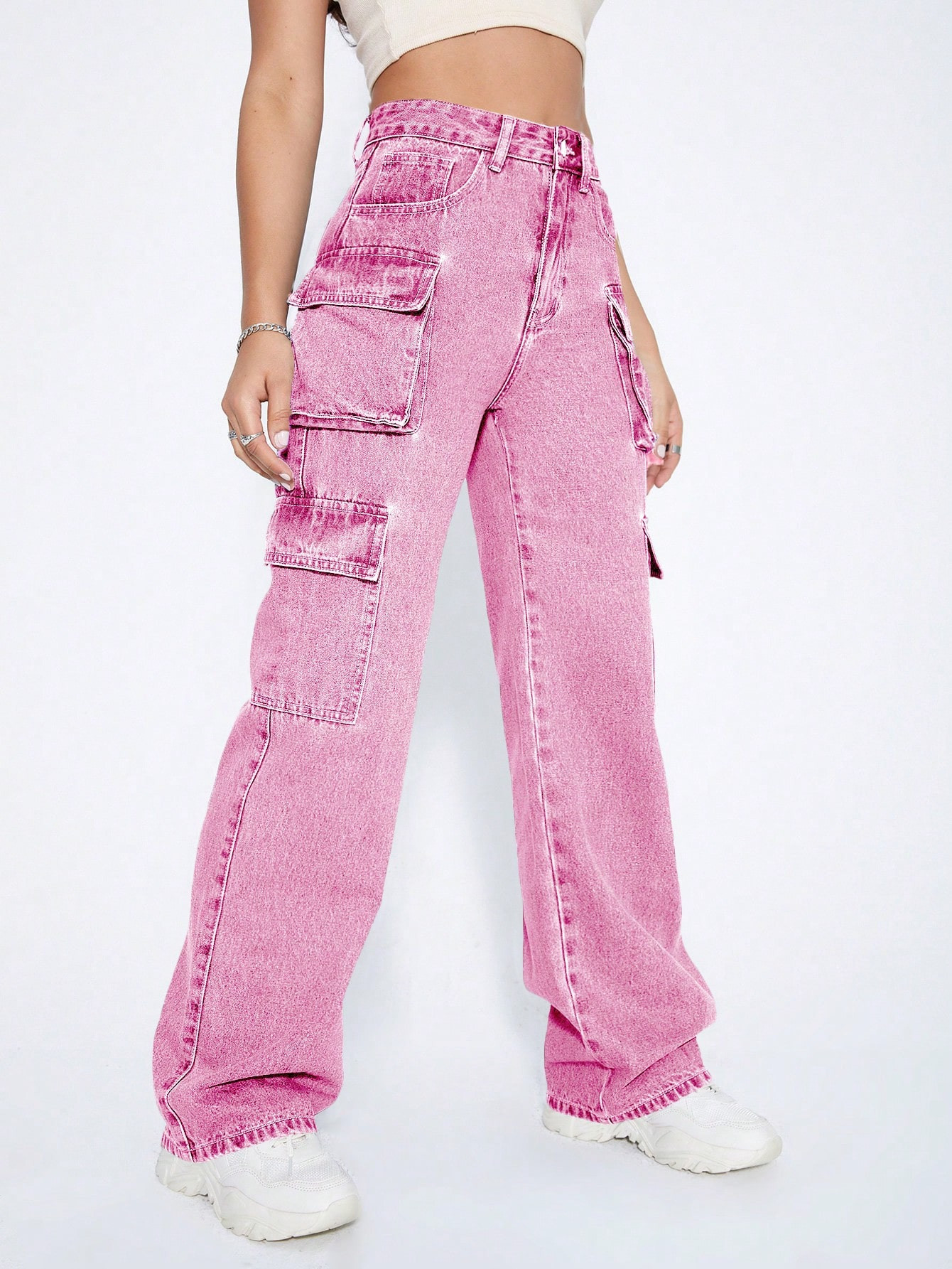 SHEIN EZwear Women's Pink Pocket Design Cargo Denim Trousers | SHEIN